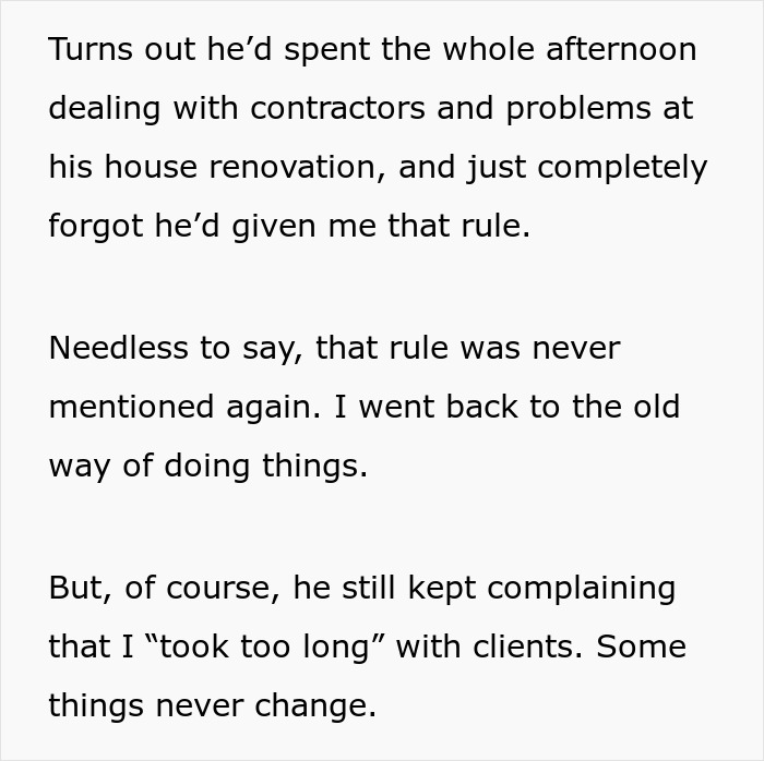 Text excerpt showing frustration with a boss who told guy to message after every client but ignored him for hours.