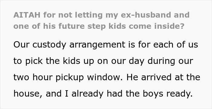 Woman refuses ex’s stepkid bathroom use, suspects he wants to snoop, leading to accusations of being cruel. Woman refuses ex’s stepkid bathroom use, suspects he wants to snoop, leading to accusations of being cruel.