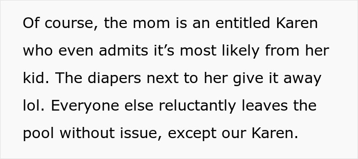 Entitled Karen at hotel pool with diapers nearby, causing a scene over suspected kid poop in the swimming area.