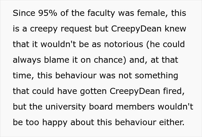 Text excerpt about a creepy professor’s request for young women in class, highlighting faculty gender ratio and university concerns. Text excerpt about a creepy professor’s request for young women in class, highlighting faculty gender ratio and university concerns.