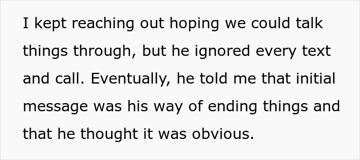 Text excerpt discussing a boyfriend who breaks up without warning, blocks contact, and expects her to fight for him.