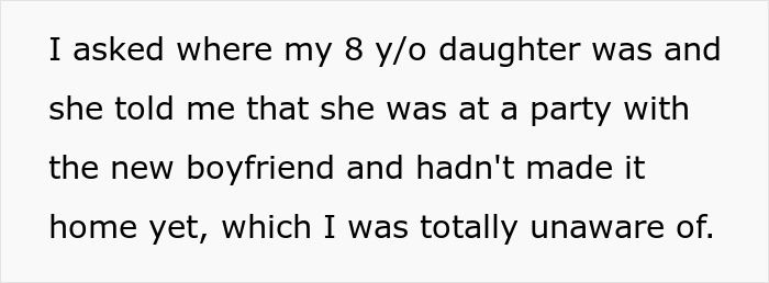 Text message discussing an 8-year-old girl spending the night at mom's boyfriend's house without dad's knowledge. Text message discussing an 8-year-old girl spending the night at mom's boyfriend's house without dad's knowledge.