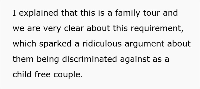Text excerpt discussing a tour company’s policy causing dispute with a childfree couple on a family tour.