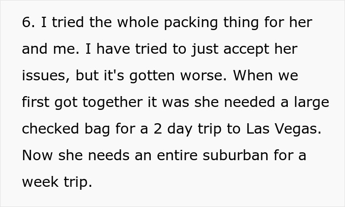 Text excerpt about wife’s weird quirk causing travel issues, highlighting packing difficulties and increasing baggage size. Text excerpt about wife’s weird quirk causing travel issues, highlighting packing difficulties and increasing baggage size.