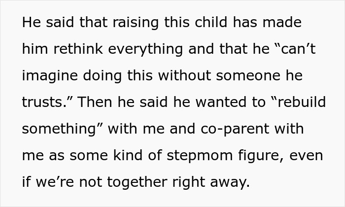 Alt text: Man discussing co-parenting a secret child with his ex, expressing trust and desire to rebuild their relationship. Alt text: Man discussing co-parenting a secret child with his ex, expressing trust and desire to rebuild their relationship.