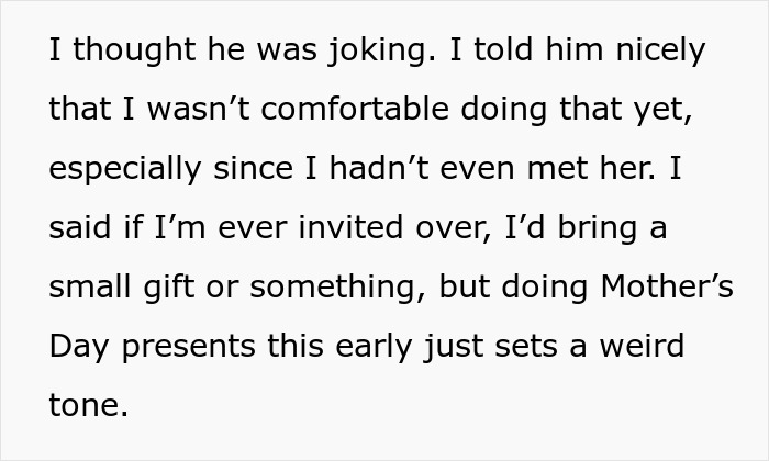 Text excerpt discussing discomfort with getting a Mother's Day gift early in a new relationship after just eight months. Text excerpt discussing discomfort with getting a Mother's Day gift early in a new relationship after just eight months.