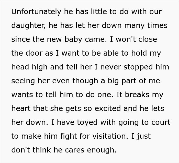 Text about man canceling girlfriend’s plans for cycle trip instead of watching his daughter expressing disappointment and visitation issues. Text about man canceling girlfriend’s plans for cycle trip instead of watching his daughter expressing disappointment and visitation issues.