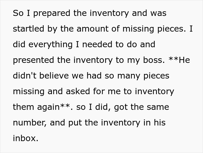 Text about soldier tracking missing equipment and reporting inventory discrepancies to his boss after being ignored.