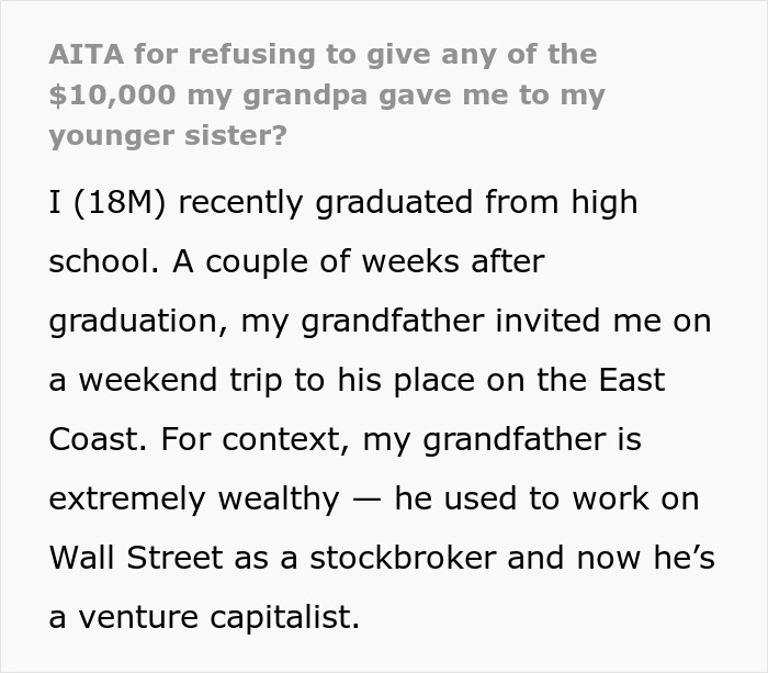 Screenshot of online post about wealthy grandpa gifting $10K to grandson for college, mom upset over sharing with sister. Screenshot of online post about wealthy grandpa gifting $10K to grandson for college, mom upset over sharing with sister.