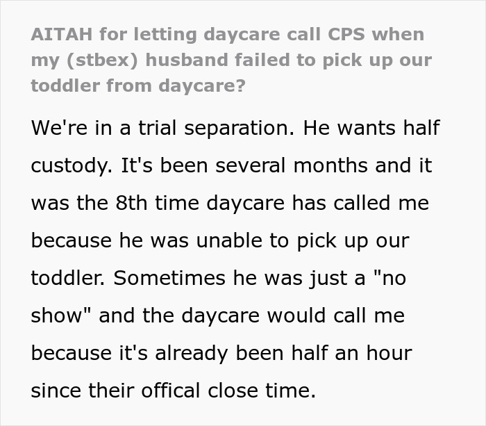 Screenshot of a forum post discussing daycare calling CPS after the ex repeatedly fails to pick up toddler during custody weeks. Screenshot of a forum post discussing daycare calling CPS after the ex repeatedly fails to pick up toddler during custody weeks.