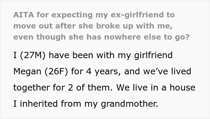 Text excerpt discussing a guy asking his ex to move out after breakup and her concern about dropping out of school. Text excerpt discussing a guy asking his ex to move out after breakup and her concern about dropping out of school.