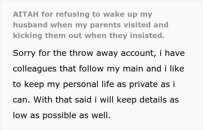 Text post about parents wanting to wake man who sleeps past noon despite pregnant wife, and being kicked out. Text post about parents wanting to wake man who sleeps past noon despite pregnant wife, and being kicked out.