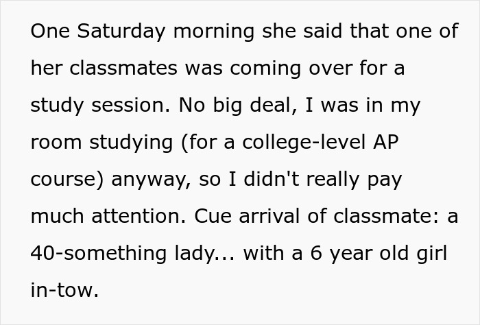 Text excerpt describing a mom’s surprise babysitting plan backfiring as teen studies with a classmate and 6-year-old. Text excerpt describing a mom’s surprise babysitting plan backfiring as teen studies with a classmate and 6-year-old.