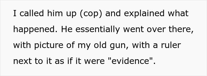 Text excerpt showing a conversation about calling a cop and using a photo of an old gun as evidence in a domestic violence case. Text excerpt showing a conversation about calling a cop and using a photo of an old gun as evidence in a domestic violence case.