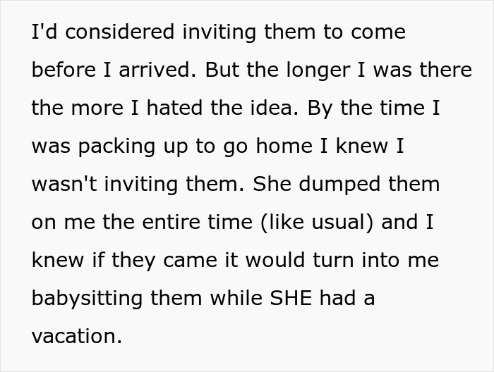 Text excerpt about vacation rift showing frustration over babysitting niblings during the trip, causing family tension. Text excerpt about vacation rift showing frustration over babysitting niblings during the trip, causing family tension.