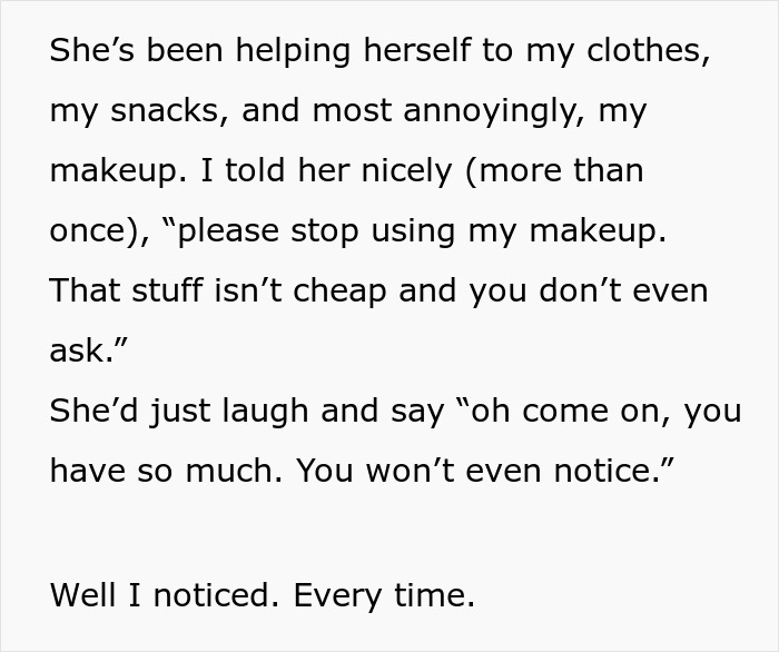 Text excerpt about niece using makeup without permission, highlighting frustration over expensive makeup treated like Sephora products. Text excerpt about niece using makeup without permission, highlighting frustration over expensive makeup treated like Sephora products.