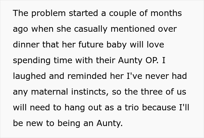 Text excerpt describing a woman’s plan for her future baby to spend time with her bestie, involving single mom and babysitting assumptions. Text excerpt describing a woman’s plan for her future baby to spend time with her bestie, involving single mom and babysitting assumptions.