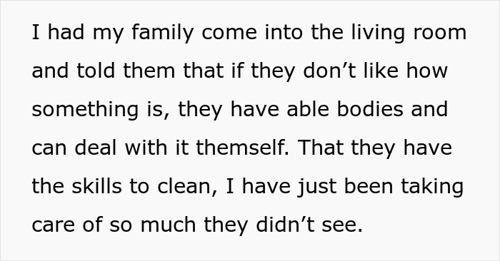 Text image showing a student working mom addressing family complaints about household responsibilities and personal boundaries.