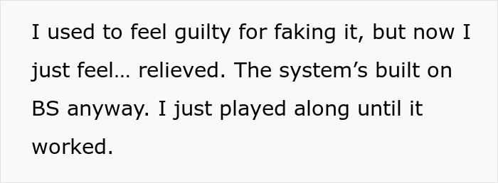 ALT text: Text about feeling relieved after pretending to still be employed despite being laid off and landing a better job. ALT text: Text about feeling relieved after pretending to still be employed despite being laid off and landing a better job.