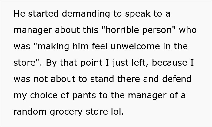 Man describing encounter where boomer complains about stranger’s pants and reacts surprisingly in grocery store. Man describing encounter where boomer complains about stranger’s pants and reacts surprisingly in grocery store.