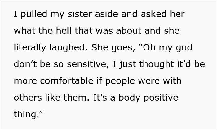 Text excerpt about a bride creating a special table for plus-size guests to promote body positive inclusion. Text excerpt about a bride creating a special table for plus-size guests to promote body positive inclusion.