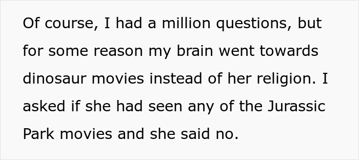 Text excerpt about a woman who doesn't believe in dinosaurs discussing Jurassic Park movies. Text excerpt about a woman who doesn't believe in dinosaurs discussing Jurassic Park movies.