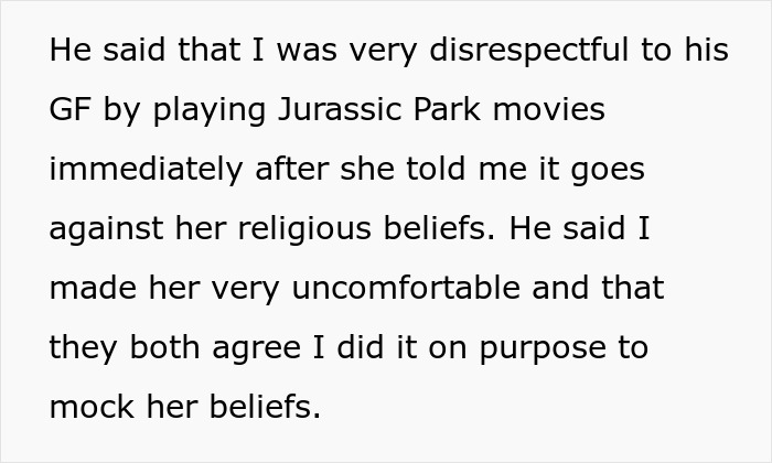 Text excerpt from a discussion about a woman who doesn't believe in dinosaurs and conflicts over watching Jurassic Park. Text excerpt from a discussion about a woman who doesn't believe in dinosaurs and conflicts over watching Jurassic Park.