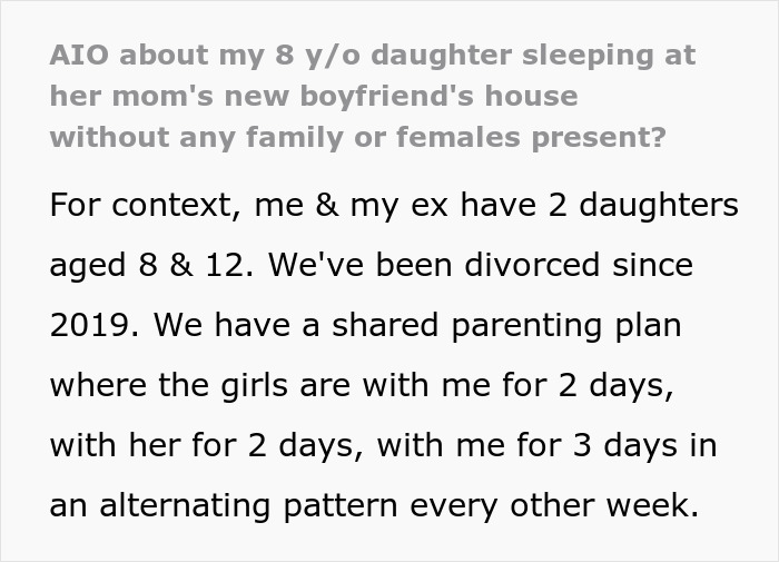 Text post about shared parenting and an 8-year-old spending the night at mom's boyfriend's house without family or females present. Text post about shared parenting and an 8-year-old spending the night at mom's boyfriend's house without family or females present.