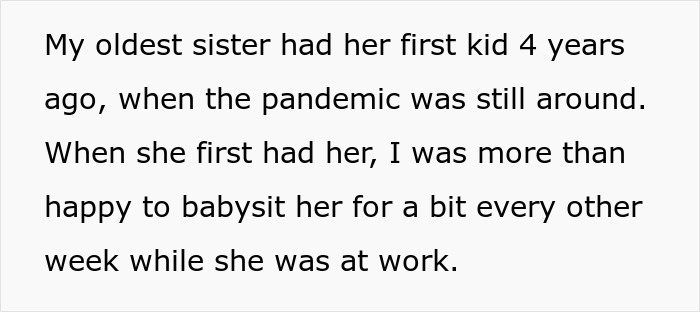 Text describing a 17-year-old babysitting sister’s kids during the pandemic without pay or respect over several years.