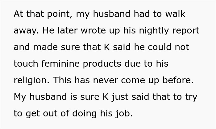Text excerpt explaining a custodian claimed he couldn’t empty feminine hygiene waste bins due to religion, causing a confrontation. Text excerpt explaining a custodian claimed he couldn’t empty feminine hygiene waste bins due to religion, causing a confrontation.