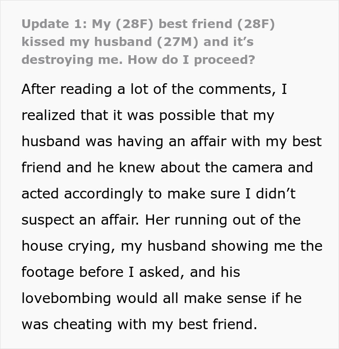 Text excerpt about a lady shocked after her bestie forcefully kissed her husband, questioning if they're hiding an affair. Text excerpt about a lady shocked after her bestie forcefully kissed her husband, questioning if they're hiding an affair.