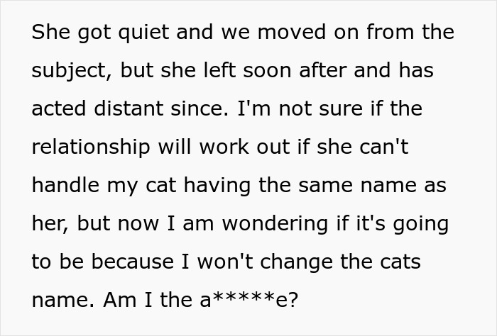 Text of a woman worried about her partner refusing to rename their cat, causing tension over her traumatic childhood. Text of a woman worried about her partner refusing to rename their cat, causing tension over her traumatic childhood.