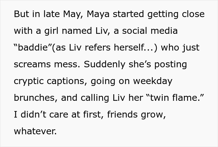 Text excerpt describing social media influencer drama involving a lady, her bestie, and a wannabe influencer party conflict. Text excerpt describing social media influencer drama involving a lady, her bestie, and a wannabe influencer party conflict.