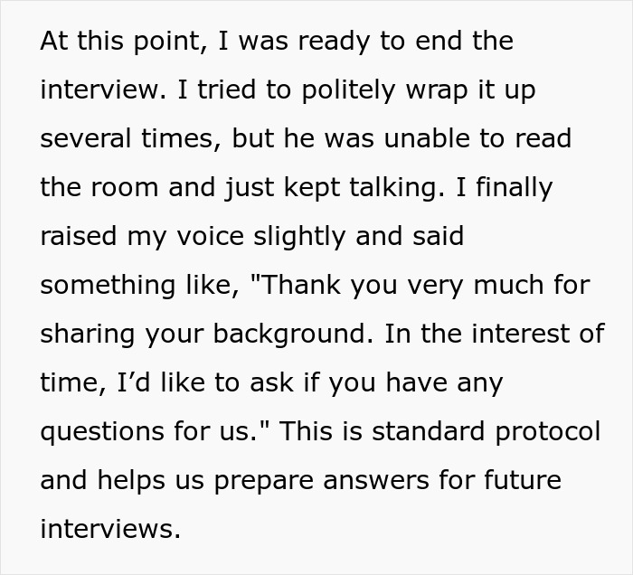 Text describing a job interview gone wrong where the candidate fails to read the room and loses a high chance of getting hired. Text describing a job interview gone wrong where the candidate fails to read the room and loses a high chance of getting hired.