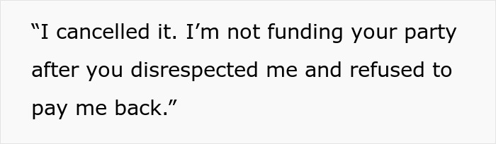 Text excerpt about canceling cake order after family dispute over party payment, highlighting sister and aunt drama. Text excerpt about canceling cake order after family dispute over party payment, highlighting sister and aunt drama.