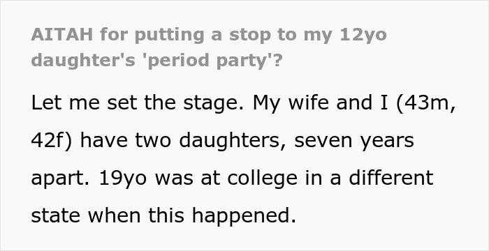 Text excerpt from a post about a mom planning a menstruation celebration for her 12-year-old daughter, sparking debate. Text excerpt from a post about a mom planning a menstruation celebration for her 12-year-old daughter, sparking debate.