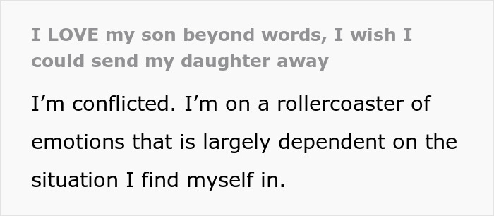 Text excerpt showing a mother's brutally honest confession expressing conflicted emotions and wishing for a return program.