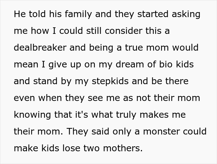 Text discussing challenges in marriage, fertility hopes, and complex relationships with stepkids and family opinions.
