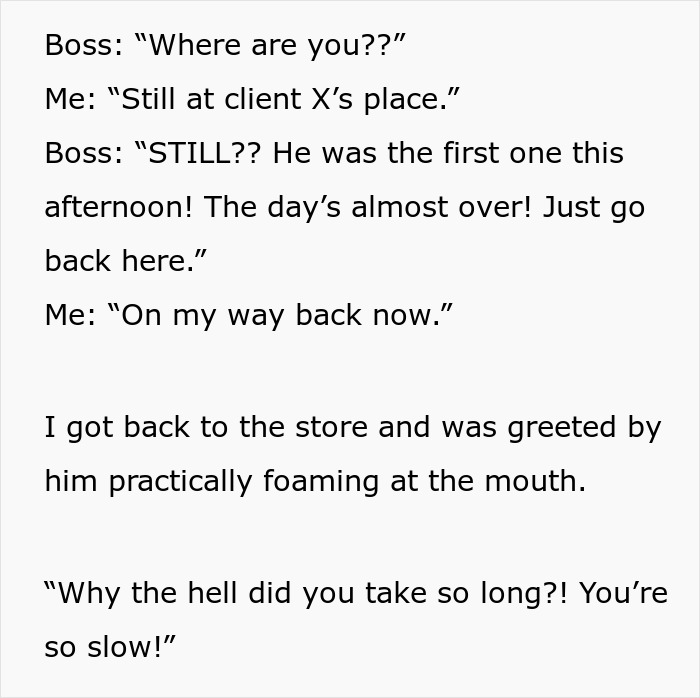 Text conversation showing a frustrated boss and an employee about messaging after every client visit.