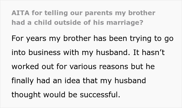 Text excerpt discussing a man possibly getting divorced after his sister reveals he has a secret child, causing him to be livid.