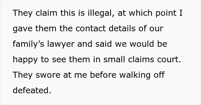 Text excerpt showing a conversation about legality and threats of small claims court involving a tour company dispute.
