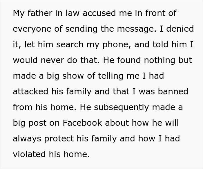 Text describing false accusation involving wife and father, highlighting family conflict and denial of wrongdoing.