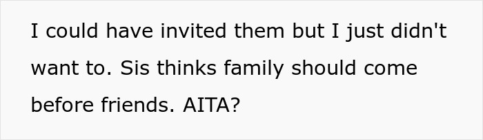 Text post about a vacation meant for four causing rift when woman picks friend over sister and niblings. Text post about a vacation meant for four causing rift when woman picks friend over sister and niblings.