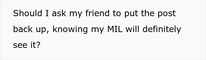 Text asking if the woman battling cancer should have a friend repost something, fearing MIL will call it tacky and dramatic. Text asking if the woman battling cancer should have a friend repost something, fearing MIL will call it tacky and dramatic.