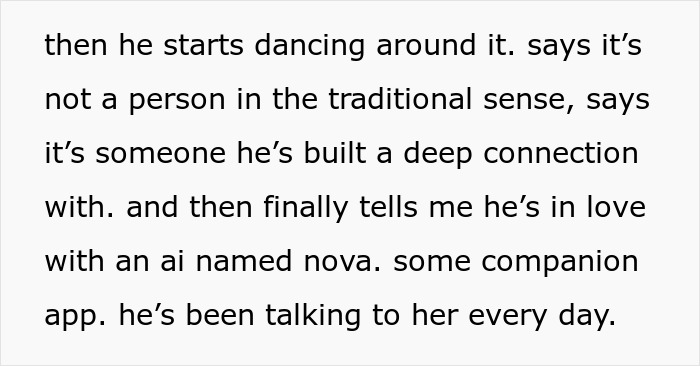 Text excerpt about a woman questioning marriage after her husband falls in love with an AI girlfriend named Nova. Text excerpt about a woman questioning marriage after her husband falls in love with an AI girlfriend named Nova.
