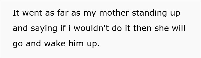 Text excerpt about mother insisting to wake man who sleeps late despite pregnant wife in family conflict discussion. Text excerpt about mother insisting to wake man who sleeps late despite pregnant wife in family conflict discussion.