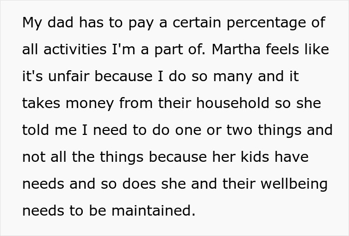 Text discussing dad being told it’s his fault kids reject him and challenges with stepmom and family financial contributions. Text discussing dad being told it’s his fault kids reject him and challenges with stepmom and family financial contributions.