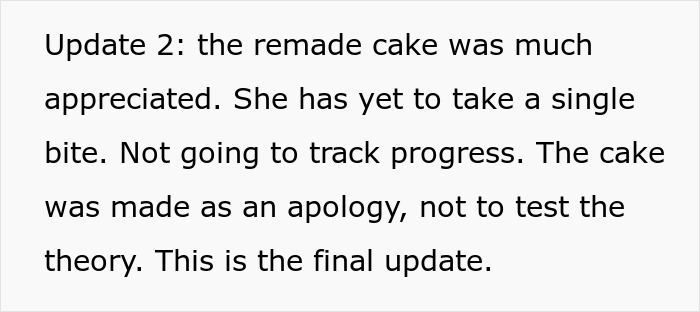 Update text about wife’s birthday cake and apology after husband ate her week-old treat. Update text about wife’s birthday cake and apology after husband ate her week-old treat.