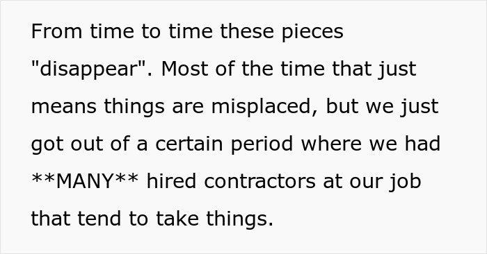 Text excerpt about soldier tracking missing equipment and contractors possibly taking items from job site. Text excerpt about soldier tracking missing equipment and contractors possibly taking items from job site.