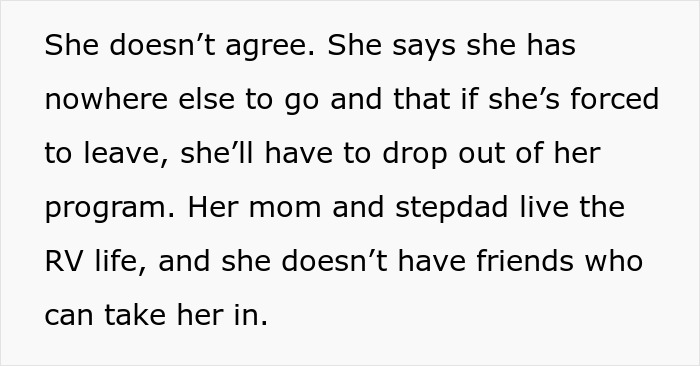 Text discussing a guy asking his ex to move out after breakup, and her saying she may drop out of school. Text discussing a guy asking his ex to move out after breakup, and her saying she may drop out of school.